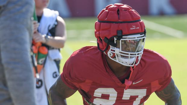 Razorbacks linebacker Chris "Pooh" Paul during drills Thursday morning